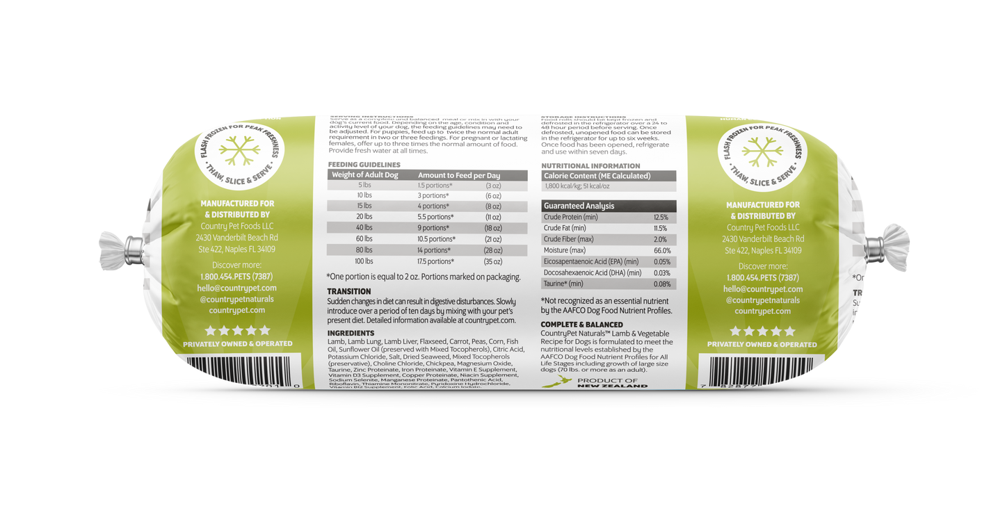 Lamb & Vege Dog Food 1.5lb Frozen Roll-Tasting Pack Single Roll