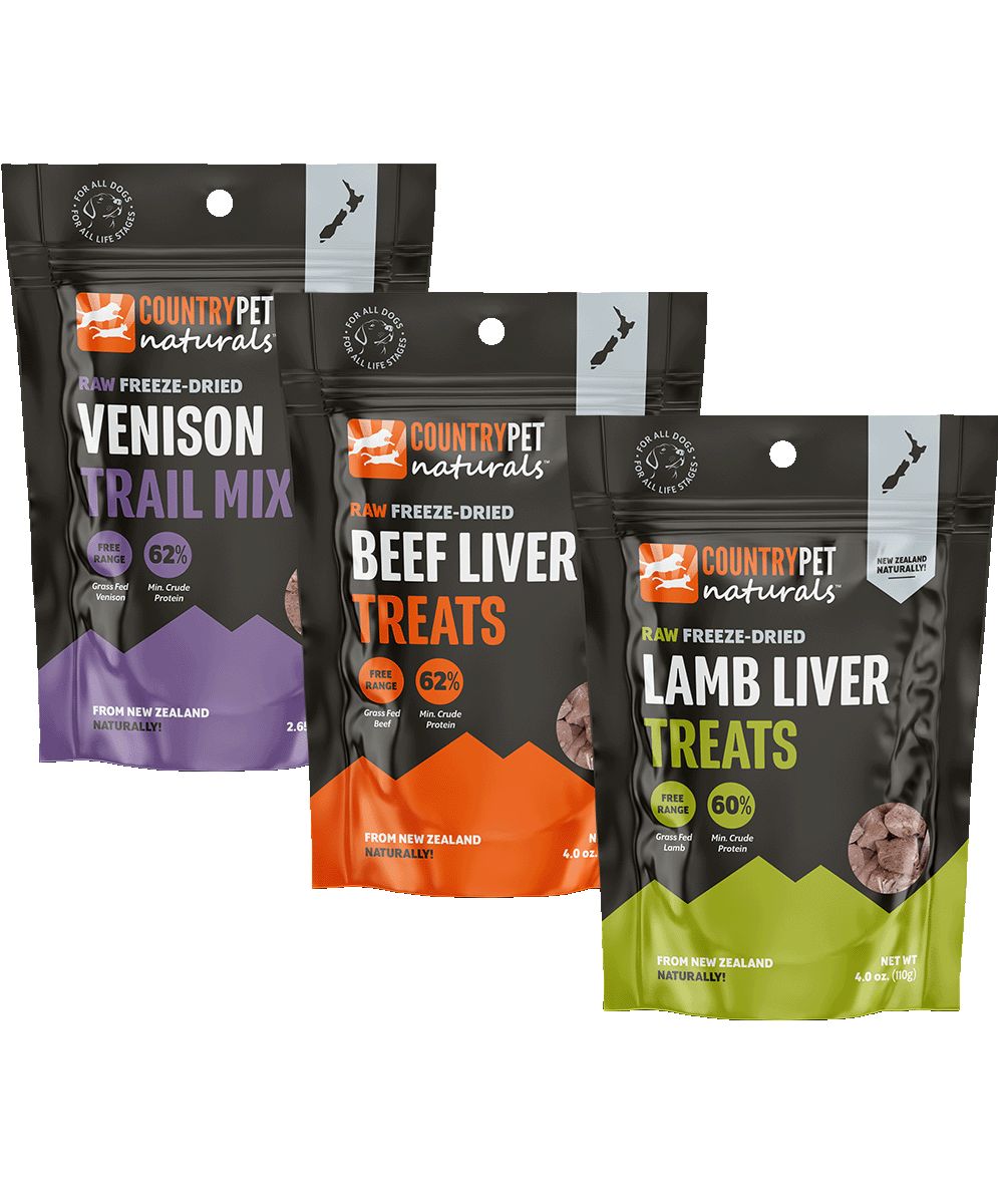 One bag Venison Trail Mix, one bag Beef Liver Treats, and one bag Lamb Liver Treats