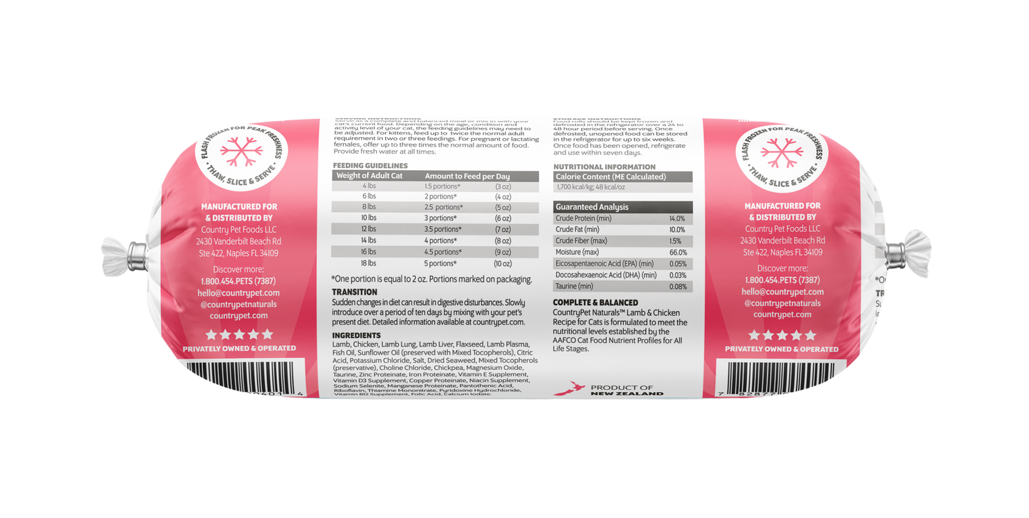 Lamb & Chicken Cat Food 1.5lb Frozen Roll-Tasting Pack Single Roll
