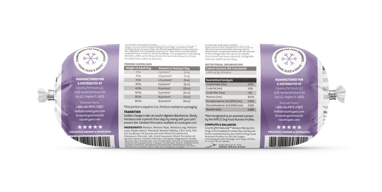 Venison Dog Food 1.5lb Frozen Roll-Tasting Pack Single Roll