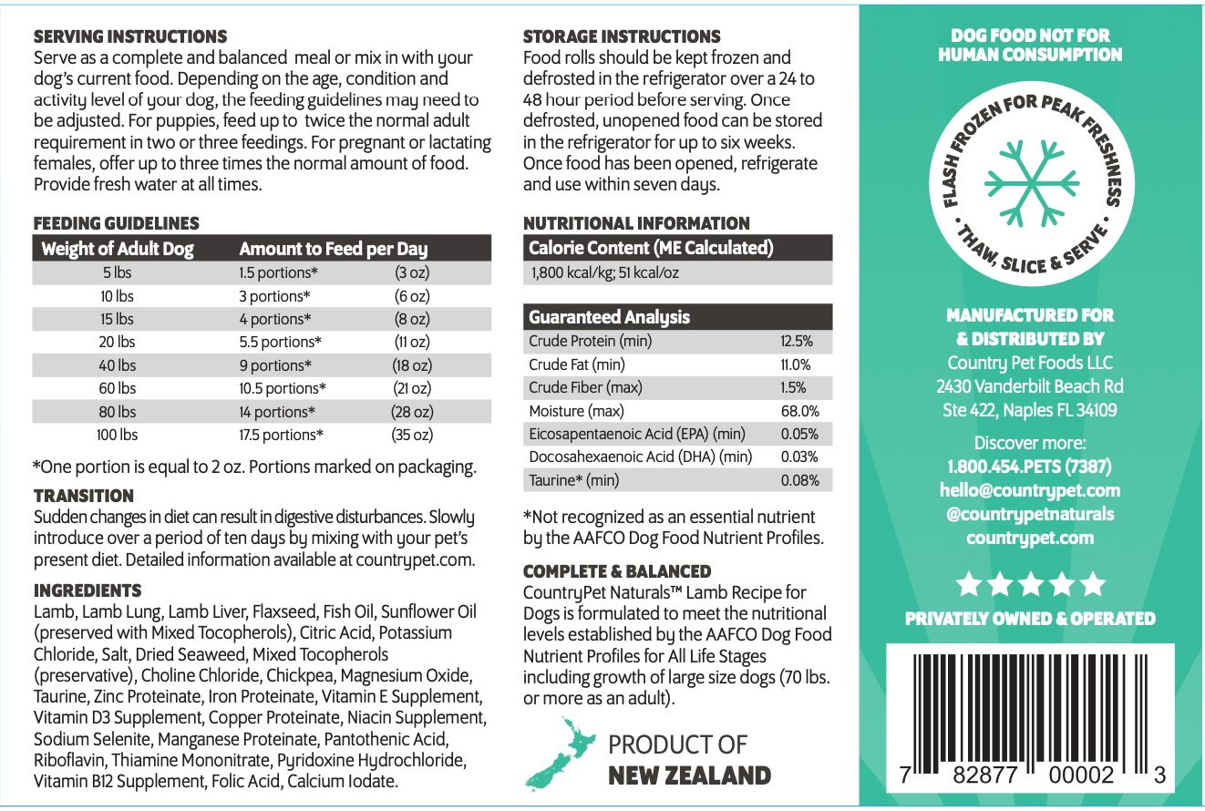 CountryPet Naturals™ New Zealand Lamb Recipe Dog Food Rolls (8 x 1.5 lb Case)