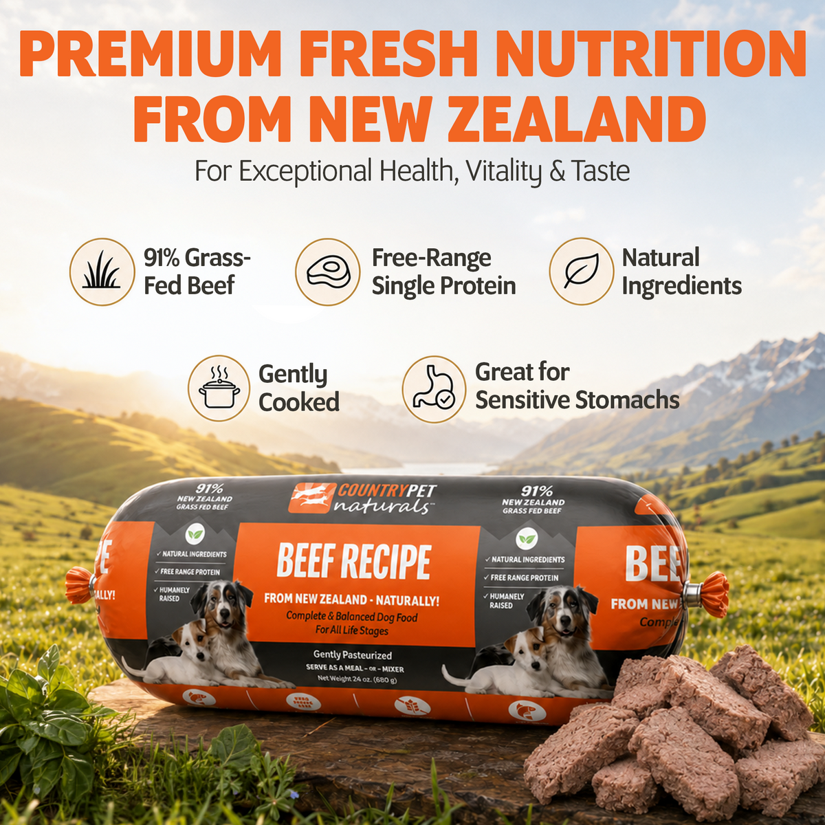 New Zealand Grass-Fed Beef Frozen Dog Food - 1.5lb (8 rolls/case)