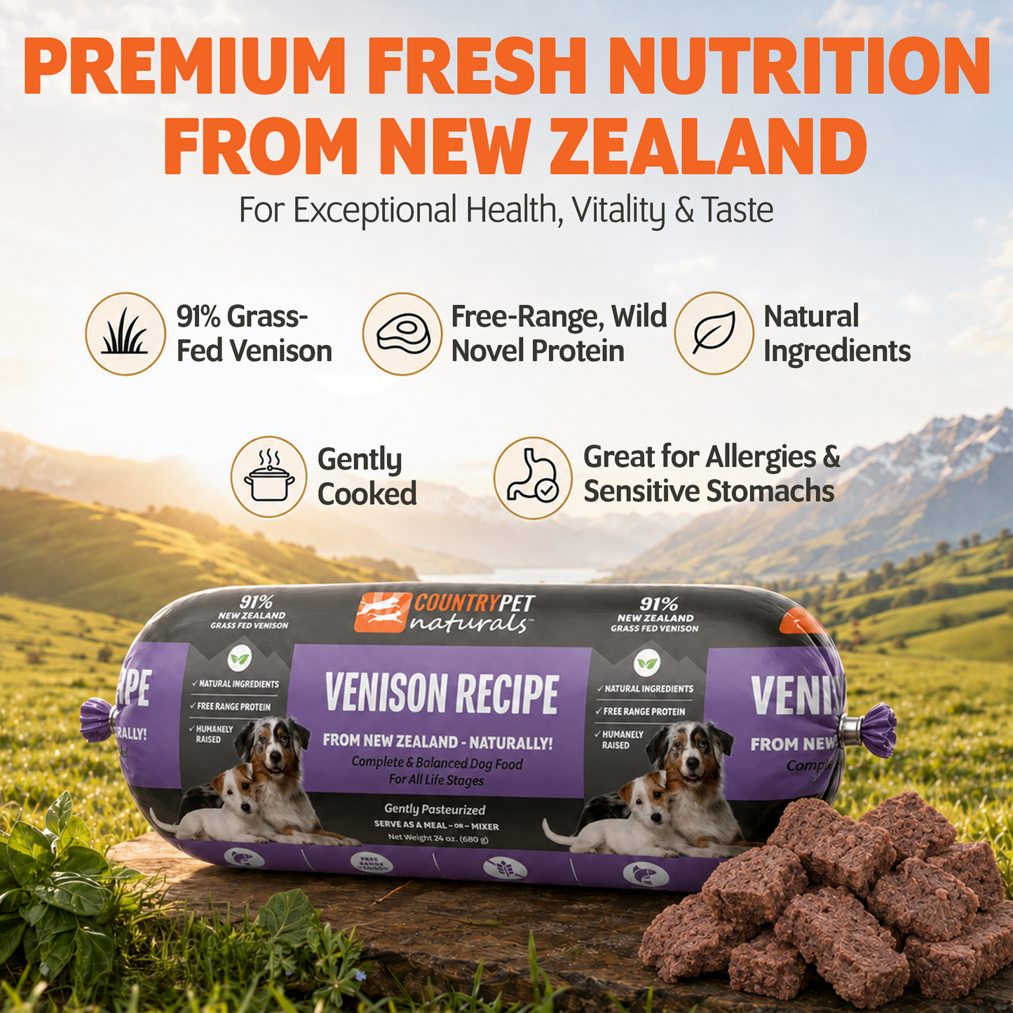 New Zealand Grass-Fed Venison Frozen Dog Food - 1.5lb (8 rolls/case)