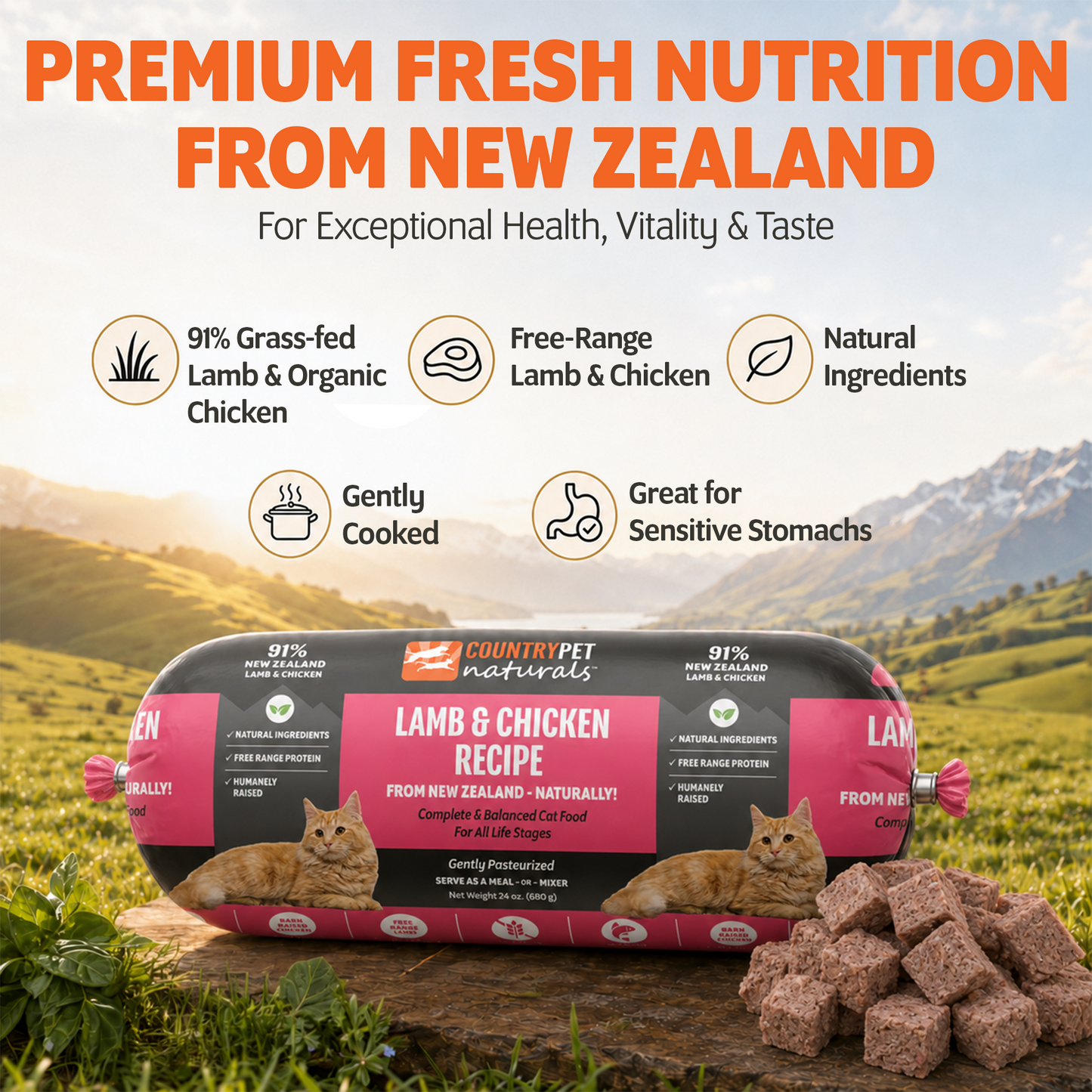 New Zealand Grass-Fed Lamb & Organic Chicken Frozen Cat Food - 1.5lb (8 rolls/case)