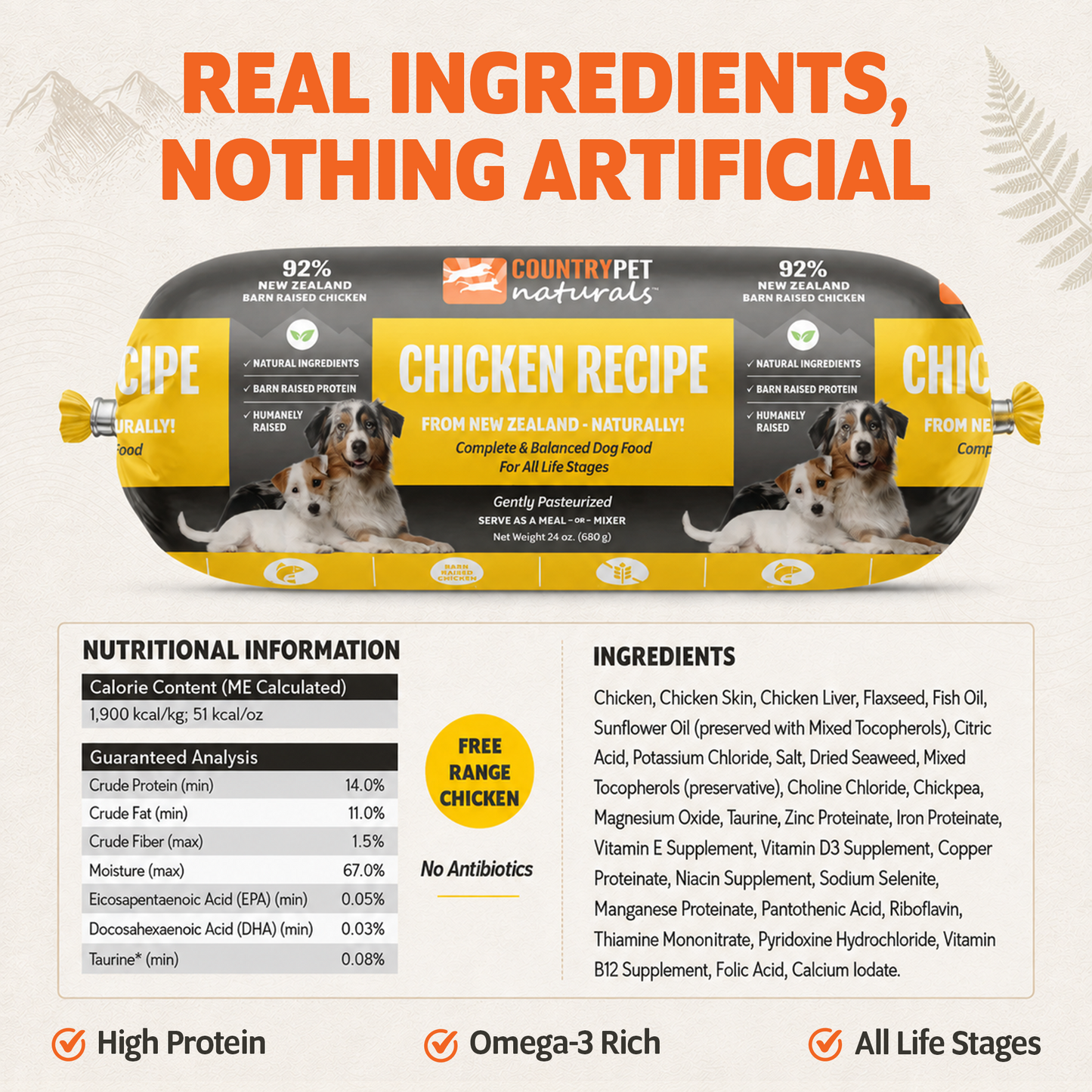New Zealand Organic Chicken Frozen Dog Food - 1.5lb (8 rolls/case)