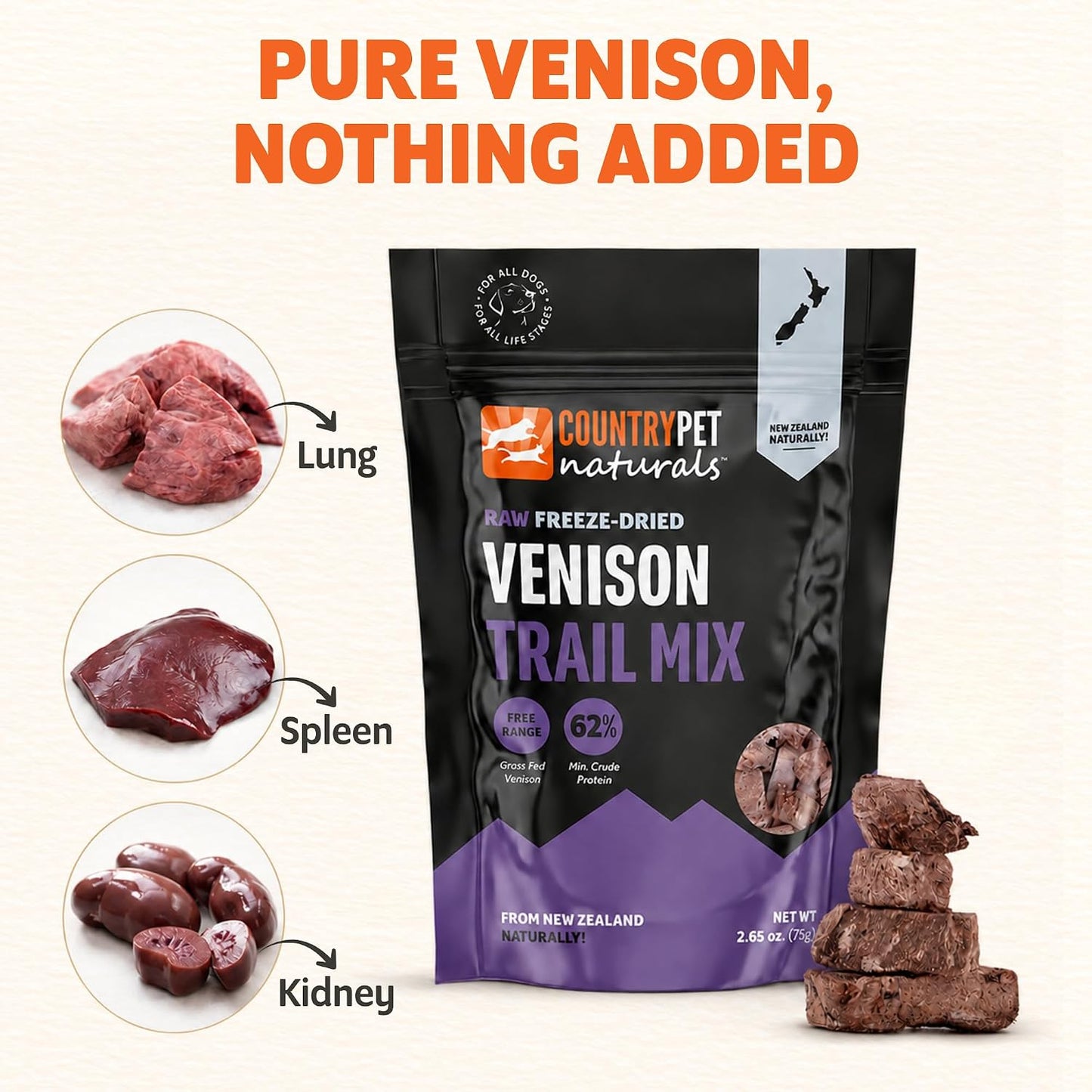 New Zealand Grass-Fed Venison Organs Raw Freeze-Dried - 2.7oz Bag