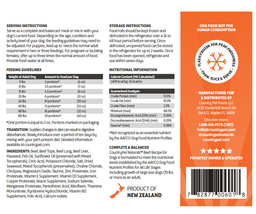 CountryPet Naturals™ New Zealand Beef Recipe Dog Food Rolls (8 x 1.5 lb Case)
