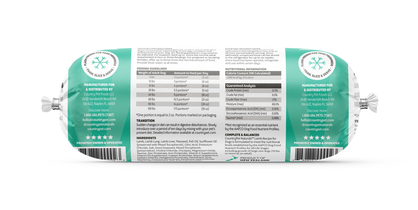Lamb Dog Food 1.5lb Frozen Roll-Tasting Pack Single Roll
