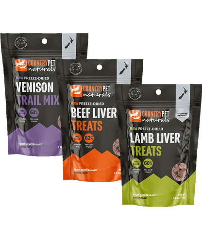 One bag Venison Trail Mix, one bag Beef Liver Treats, and one bag Lamb Liver Treats