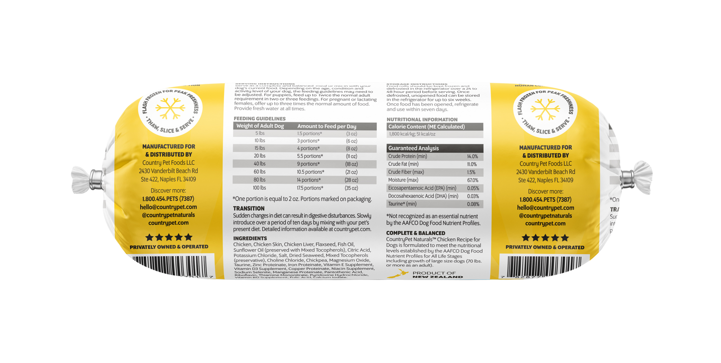 Chicken Dog Food 1.5lb Frozen Roll-Tasting Pack Single Roll