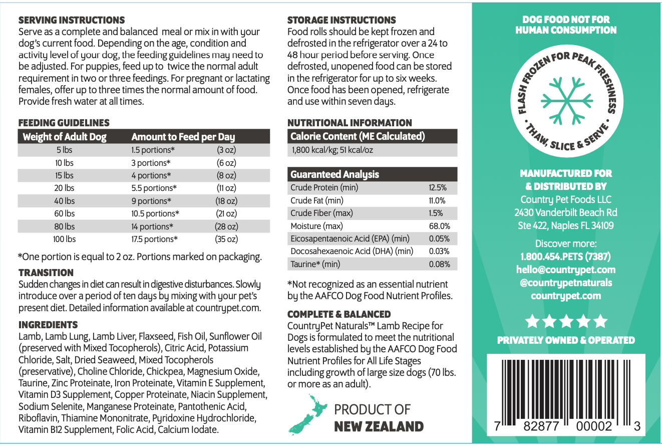 Lamb Dog Food 1.5lb Frozen Roll-Tasting Pack Single Roll